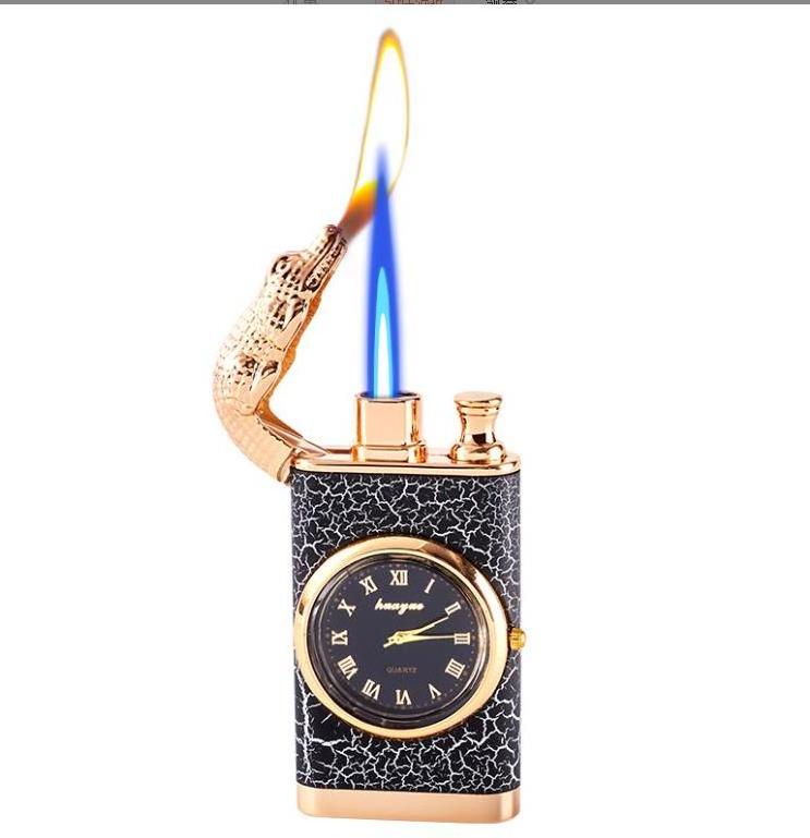 Double Flame Crocodile Model Lighter with Clock Disc Windproof Gas Lighter Creative Cigarette Lighter