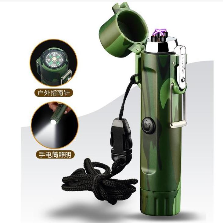 Waterproof Camouflage Dual arc Flashlight with Compass Travel Outdoor Electronic Lighter Igniter