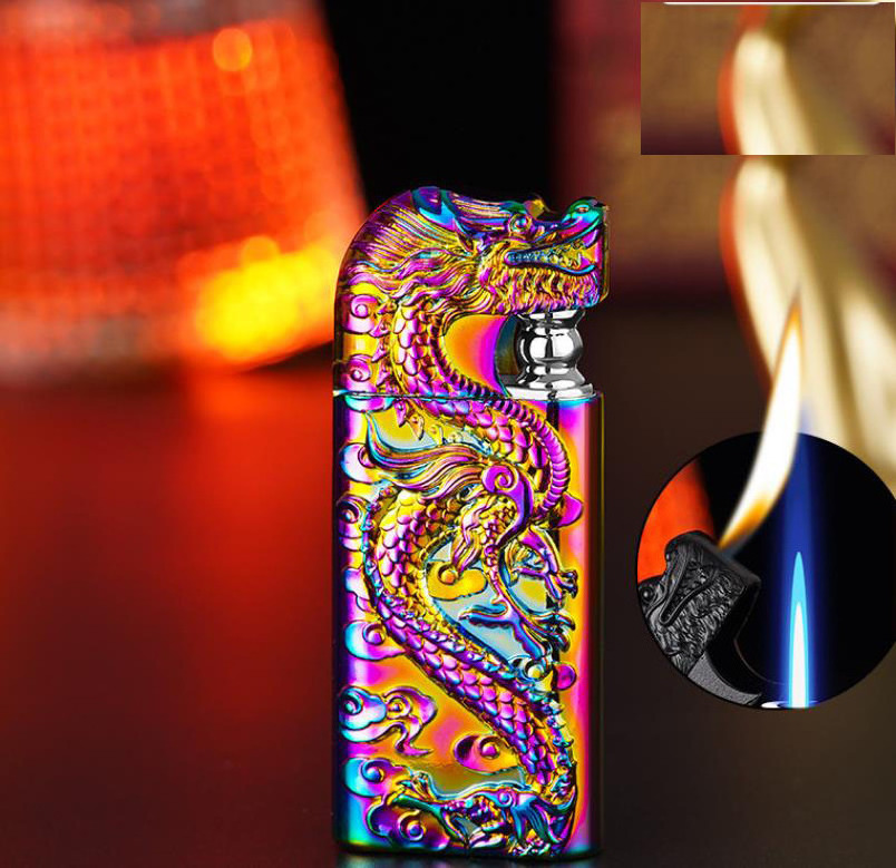 3D Double Fire Lighter Creative blue jet Flame Metal Inflatable Lighter Relief Golden Dragon Lighter