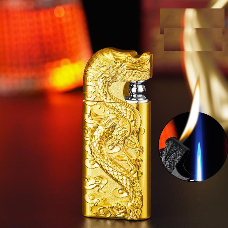 3D Double Fire Lighter Creative blue jet Flame Metal Inflatable Lighter Relief Golden Dragon Lighter