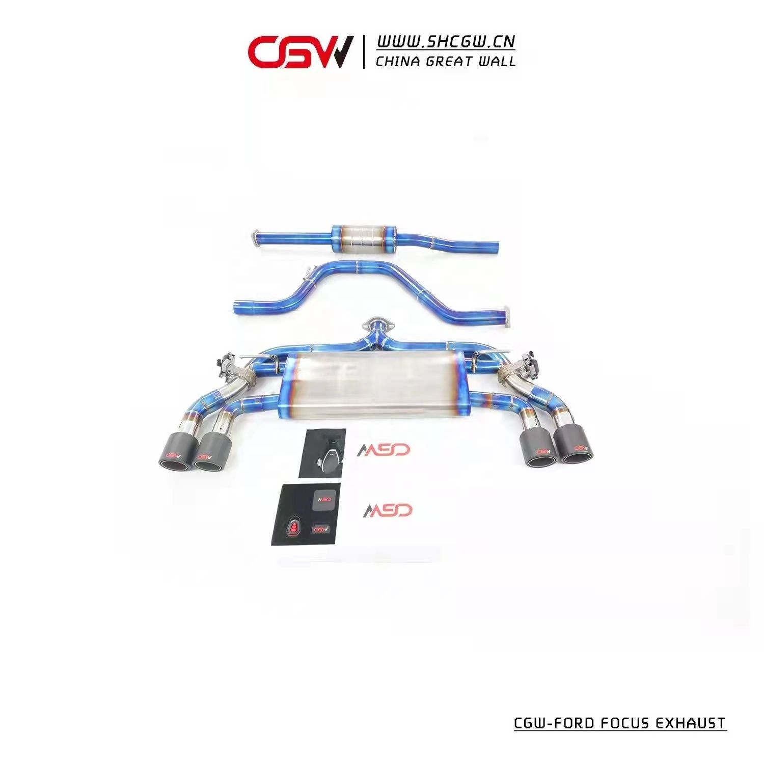 CGW Blue Burnt Titanium Muffler Cat-back Exhaust System for Ford Focus 1.5T 2021+ with Forged Carbon Fiber Exhaust Tips