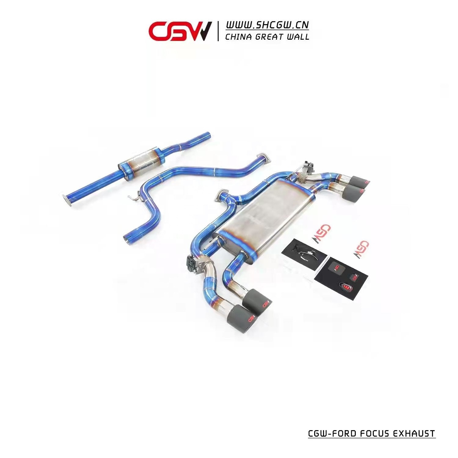 CGW Blue Burnt Titanium Muffler Cat-back Exhaust System for Ford Focus 1.5T 2021+ with Forged Carbon Fiber Exhaust Tips