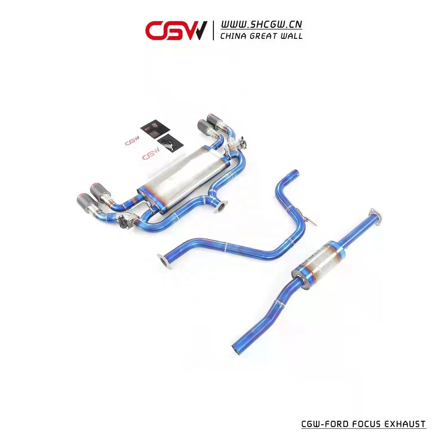 CGW Blue Burnt Titanium Muffler Cat-back Exhaust System for Ford Focus 1.5T 2021+ with Forged Carbon Fiber Exhaust Tips