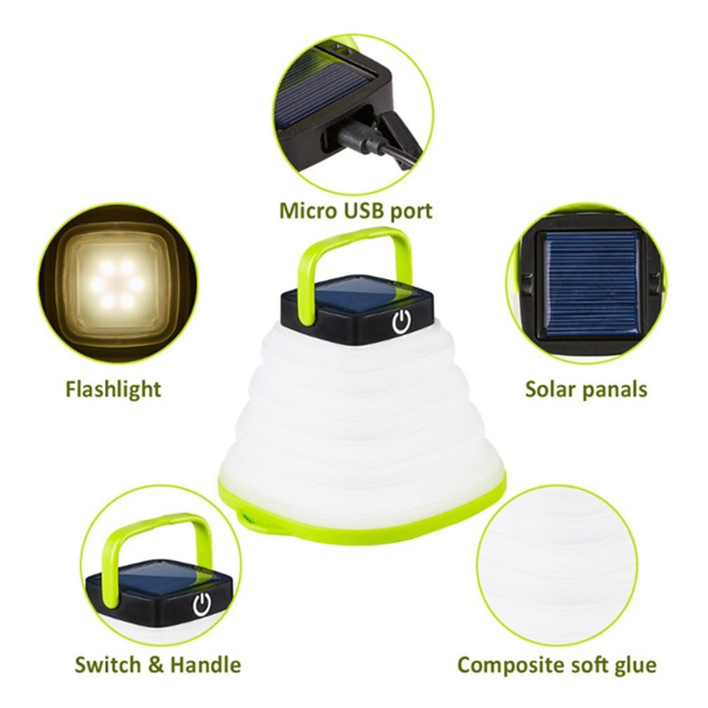 Solar Portable Led Camping Lantern Lights Outdoor Rechargeable Emergency Waterproof Light Collapsible Flashlight Hiking Tent