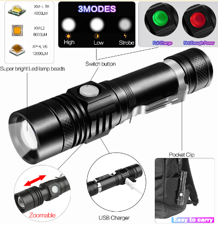 Rechargeable Led Flashlight Aluminium Alloy USB led Torch 1000 Lumen Tactical Flashlight for Camping