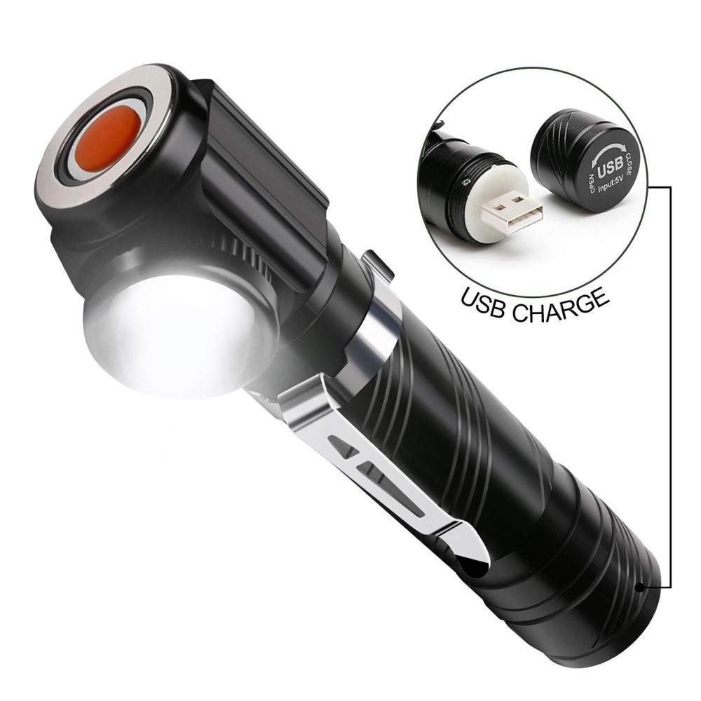 90 Degree USB Rechargeable LED Tactical Flashlight Mini Zoom LED Torch IP65 Emergency Flashlight for Camping Hiking and Cycling