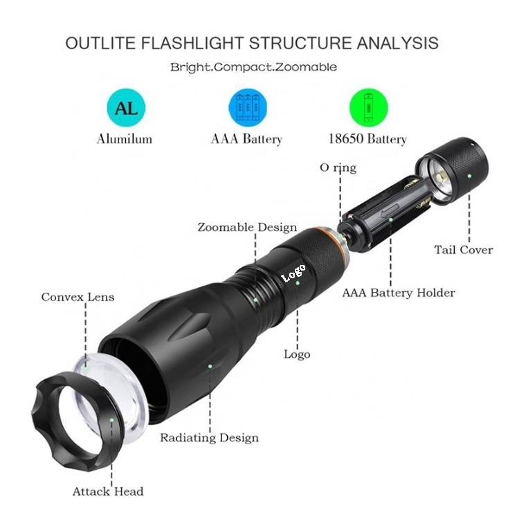 OEM Flashlight 18650 Battery or AAA Torch Light 800LM Waterproof Zoomable Led Rechargeable T6 Flashlight Camping Li-ion 60 3.7V