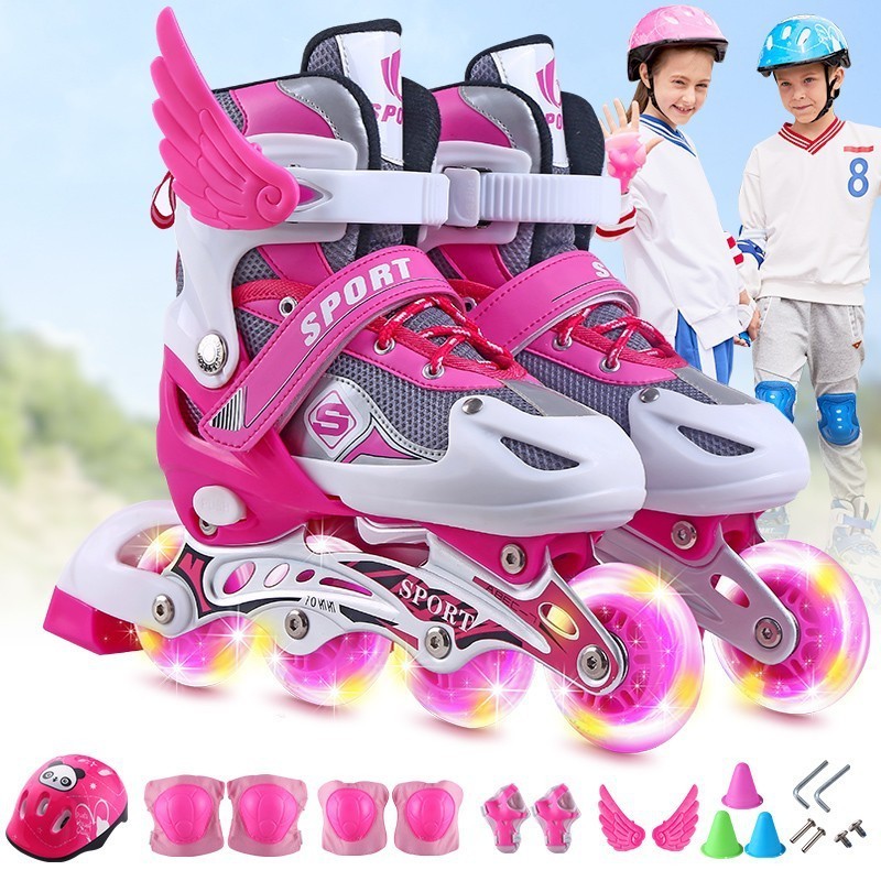 Adjustable Inline Ice Skates for Children with Full Light Up Wheels Beginner Illuminating Roller Skates Ice Shoes  for Kids