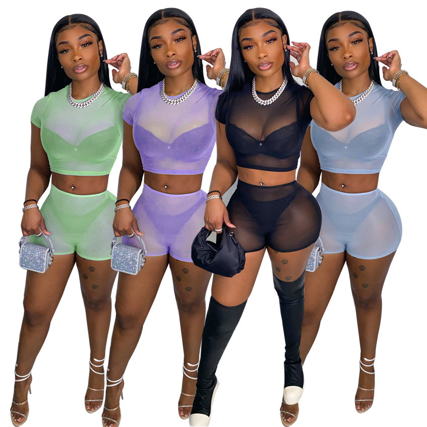 Hot Selling Summer Outfits Transparent Ladies Crop Top Sexy Two Piece Shorts Set Women Clothing