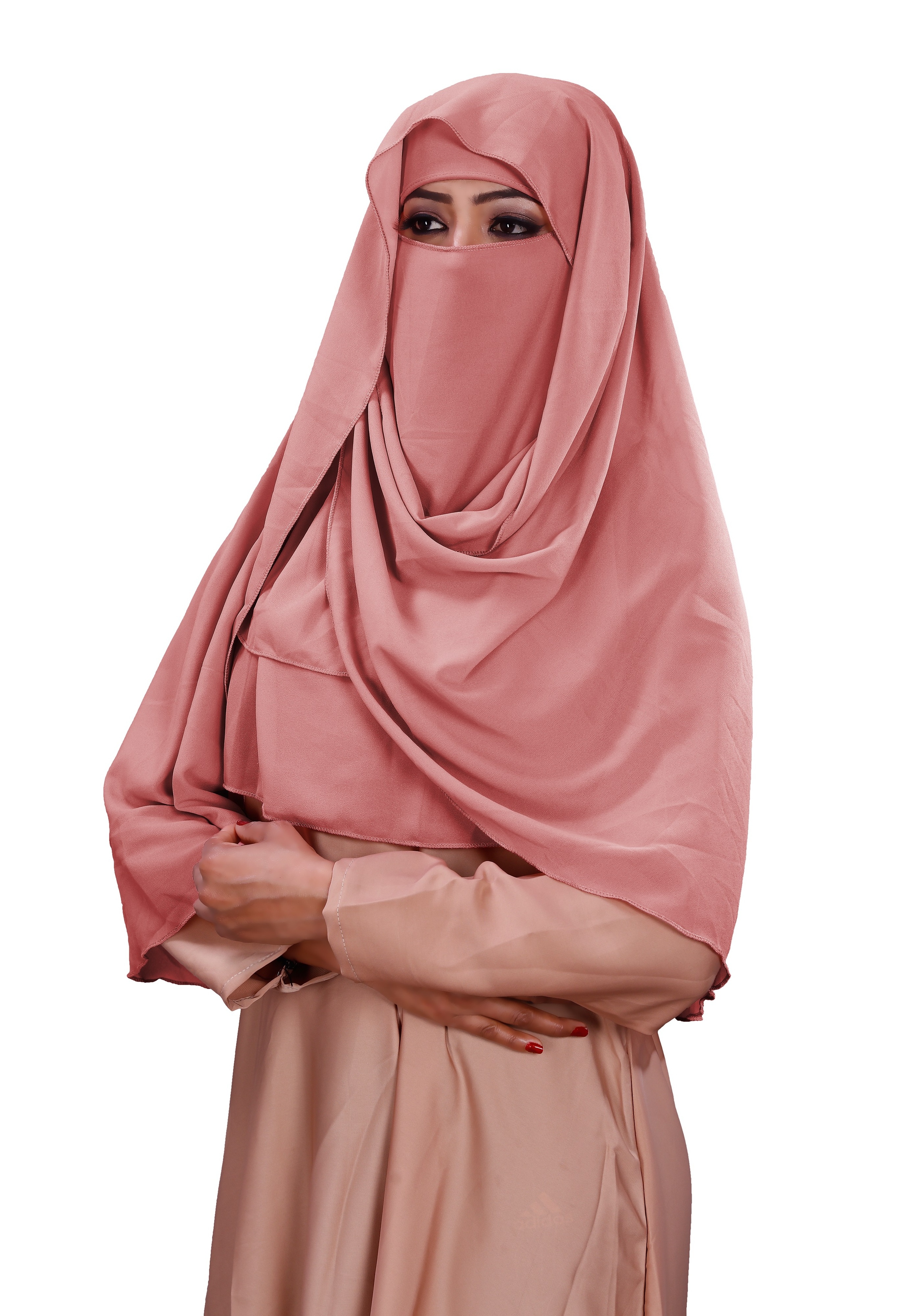 Pink Color 3 Layer Hijab Style Diamond Georgette Arabian Niqab Veil Scarf For Women