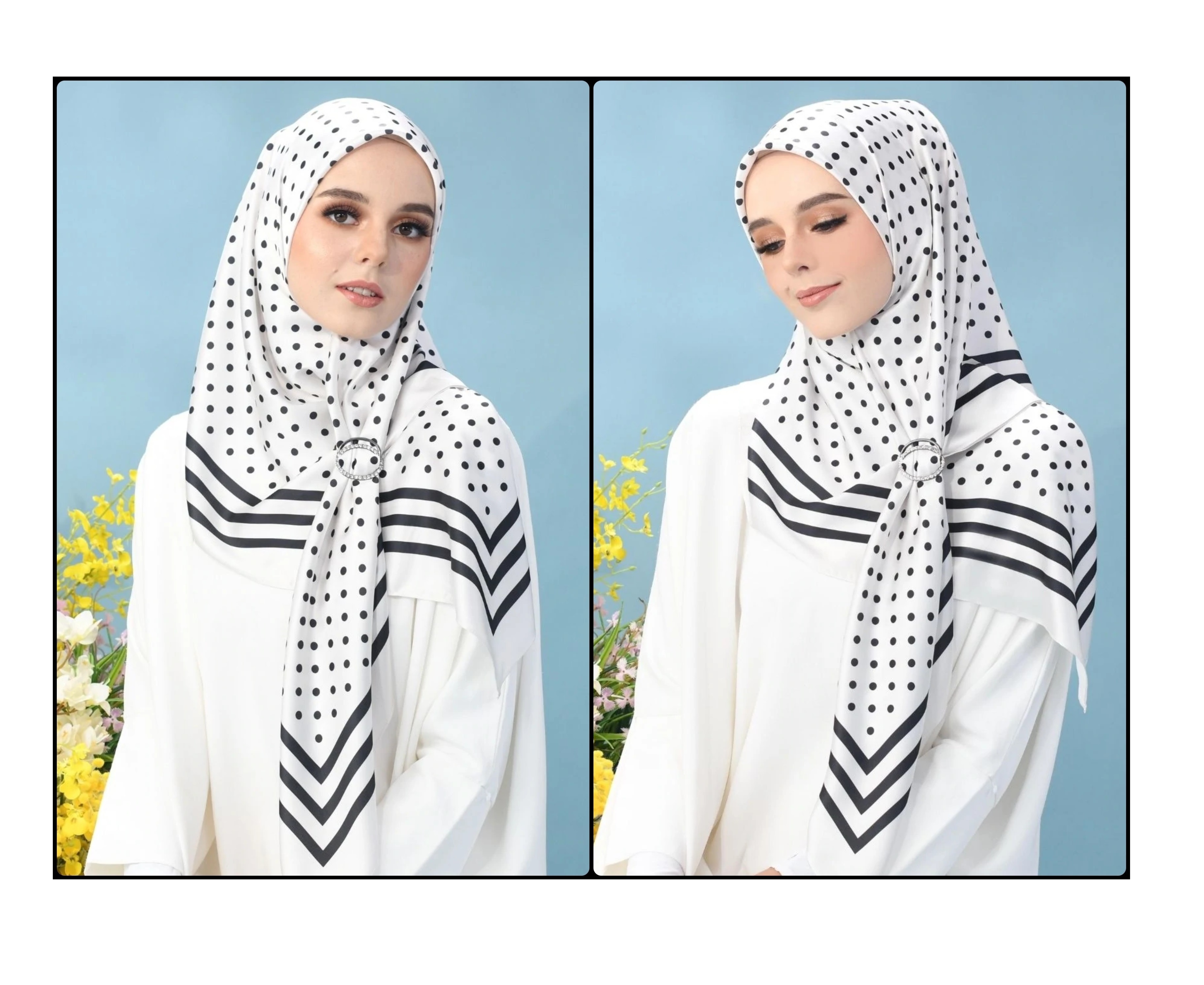 Customized Fabric New White Black Combination Polka Dot Printed Women Premium Silk Scarf Hijab