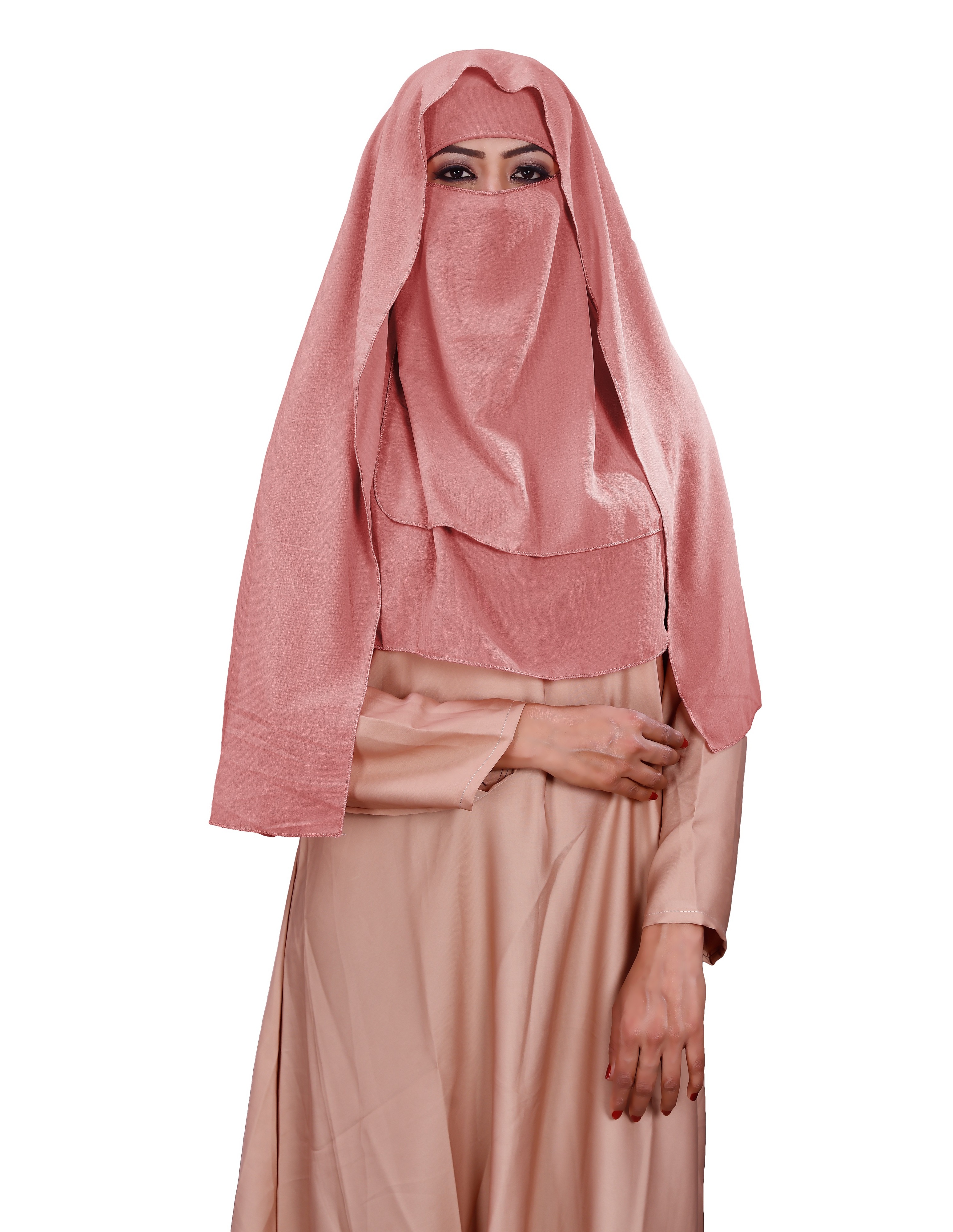 Pink Color 3 Layer Hijab Style Diamond Georgette Arabian Niqab Veil Scarf For Women