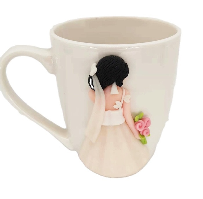 Hot selling Mr and Mrs  bride and groom couple milk mug  3D  polymer clay ceramic coffee mug cup for wedding