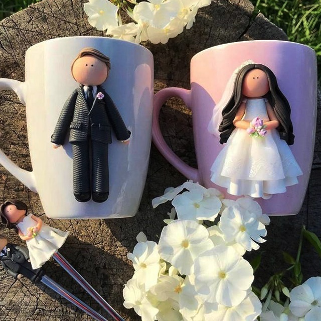 handmade Mr and Mrs decoration decor wedding couple  3D polymer clay porcelain ceramic gift coffee milk water cup mug