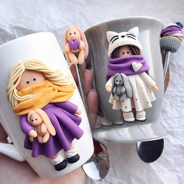 handmade Mr and Mrs decoration decor wedding couple  3D polymer clay porcelain ceramic gift coffee milk water cup mug