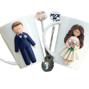 handmade Mr and Mrs decoration decor wedding couple  3D polymer clay porcelain ceramic gift coffee milk water cup mug