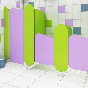 Colorful children use toilet partitions made with HPL compact laminate