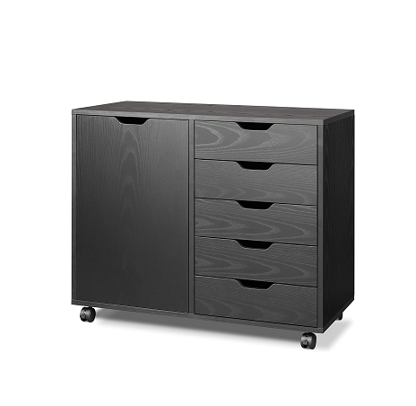 Dilun Customized 5-Drawer Wood Dresser Chest with Door, Mobile Storage Cabinet, Printer Stand for Home Office, Black