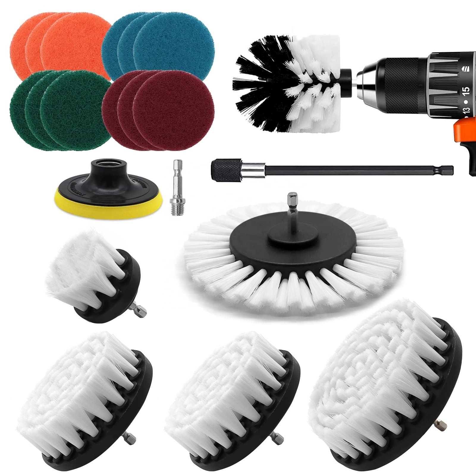 High Quality 21pcs White Drill Clean Brush and Scouring Pad Car Wheel Wash Brush Detailing Cleaning Brush Kit