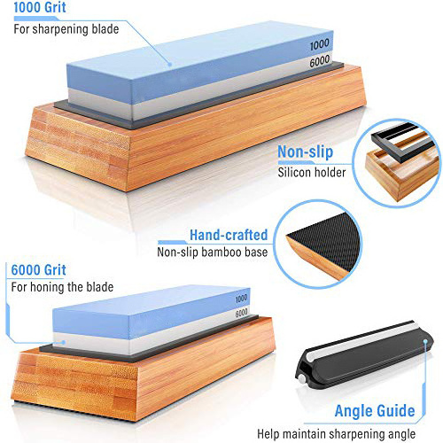 Premium Whetstone Knife Sharpener Stone 2 Side Grit 1000 and 6000 Waterstone with NonSlip Bamboo Base