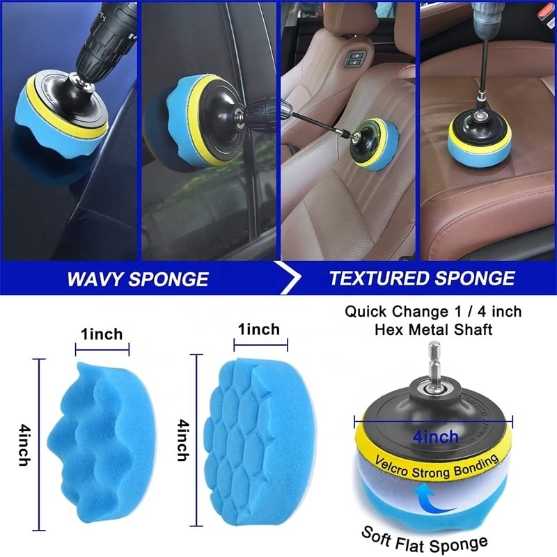 23Pcs Blue Car Cleaning Tool Kit Drill Attachment Brushes Set Drill Detailing Brush Buffing Sponge Pads Drill Cleaning Brush Kit