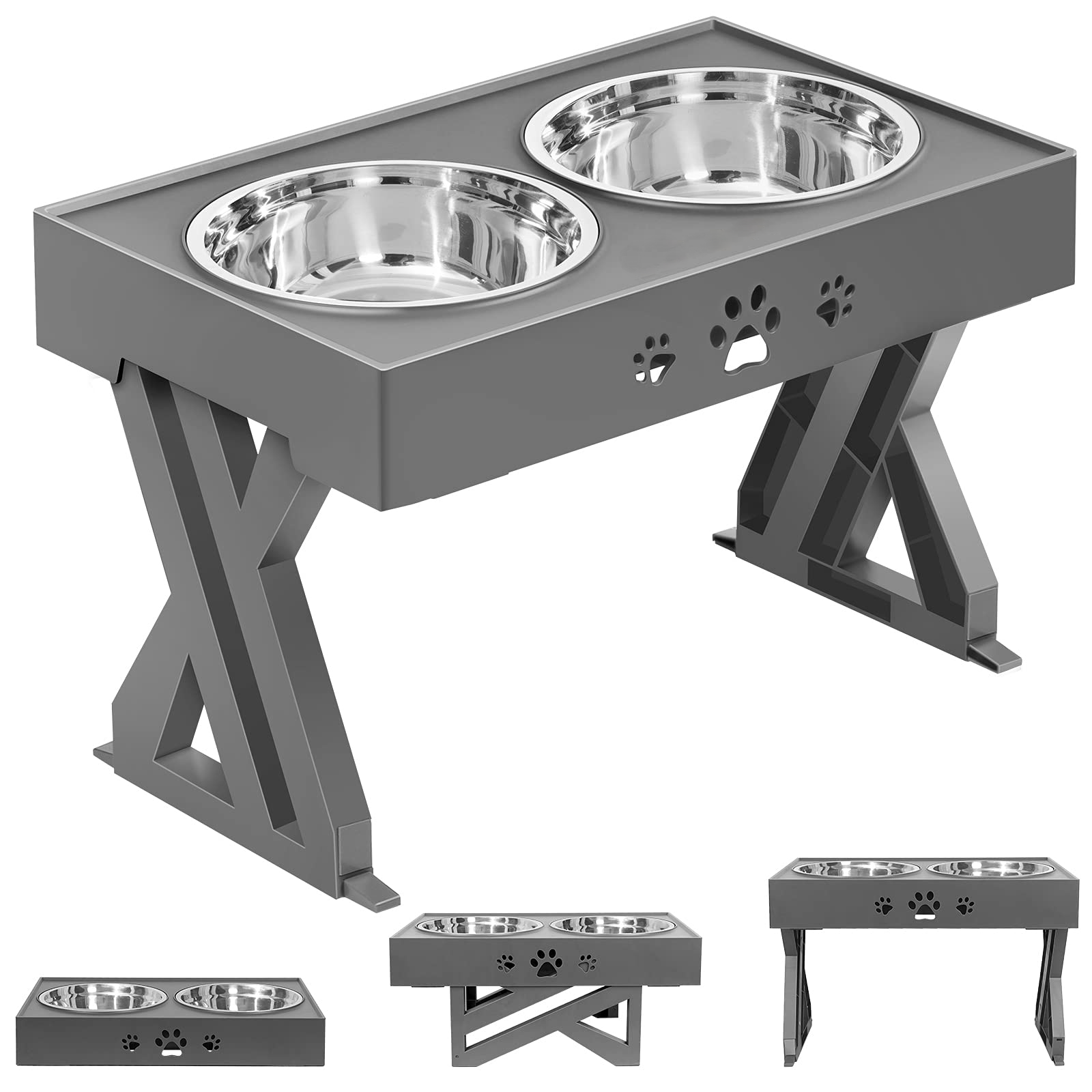 Raised Dog Bowl For Pet Feeder Adjustable Elevated Bowl Stand With 2 Stainless Steel Dog Food And Water Bowls