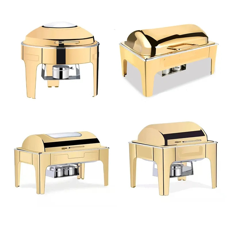 Luxury Buffet Equipment Stainless Steel Gold Glass Chafing Dish Roll Top Hydraulic Chaffing Dishes Set Food Warmer For Catering