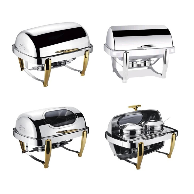 Luxury Buffet Equipment Stainless Steel Gold Glass Chafing Dish Roll Top Hydraulic Chaffing Dishes Set Food Warmer For Catering