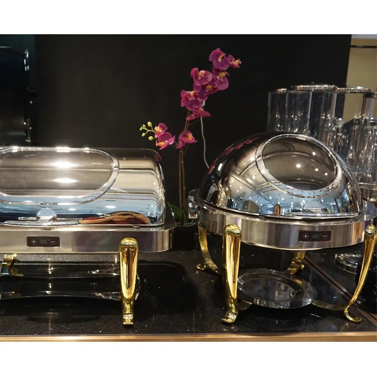 Luxury Buffet Equipment Stainless Steel Gold Glass Chafing Dish Roll Top Hydraulic Chaffing Dishes Set Food Warmer For Catering