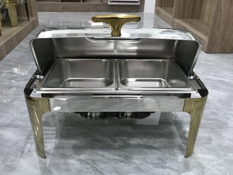 Luxury Buffet Equipment Stainless Steel Gold Glass Chafing Dish Roll Top Hydraulic Chaffing Dishes Set Food Warmer For Catering