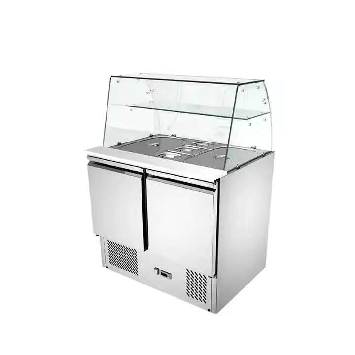 Commercial Two glass Doors Refrigeration Equipment Pizza Prep Fridge Under salad bar counter Sandwich Prep Table