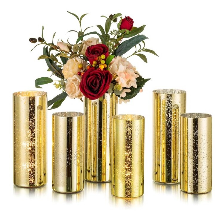 New Product Stylish Mirror Gold Cylinder Glass Vase Tall Table Centerpiece Glass Vase for Flowers Arrangements