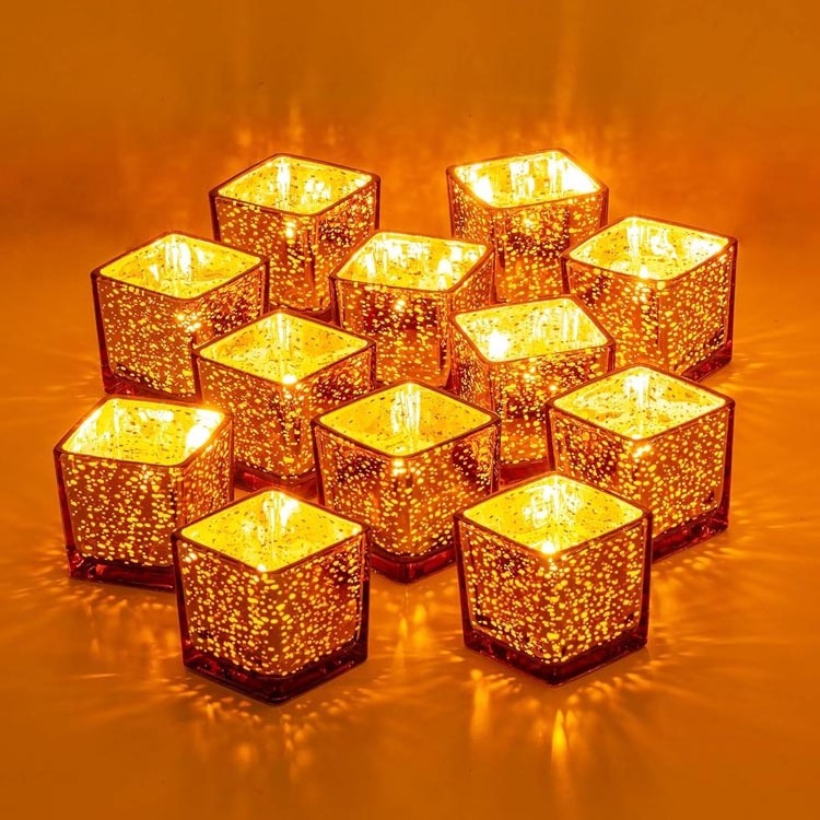 Wholesale Elegant Mirror Golden Glass Candle Vase Speckled Mercury Candle Holders Square Glass Vase for Wedding Centerpiece