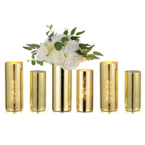 Wholesale Elegant Gold Cylinder Glass Candle Vase Decorative Shiny Mirror Tall Glass Vase for Flowers Wedding Centerpiece