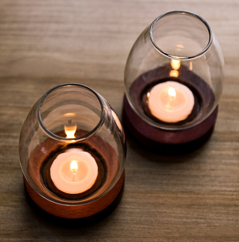 Bulk handmade glass votive tealight candle holder with wooden base for wedding home decoration