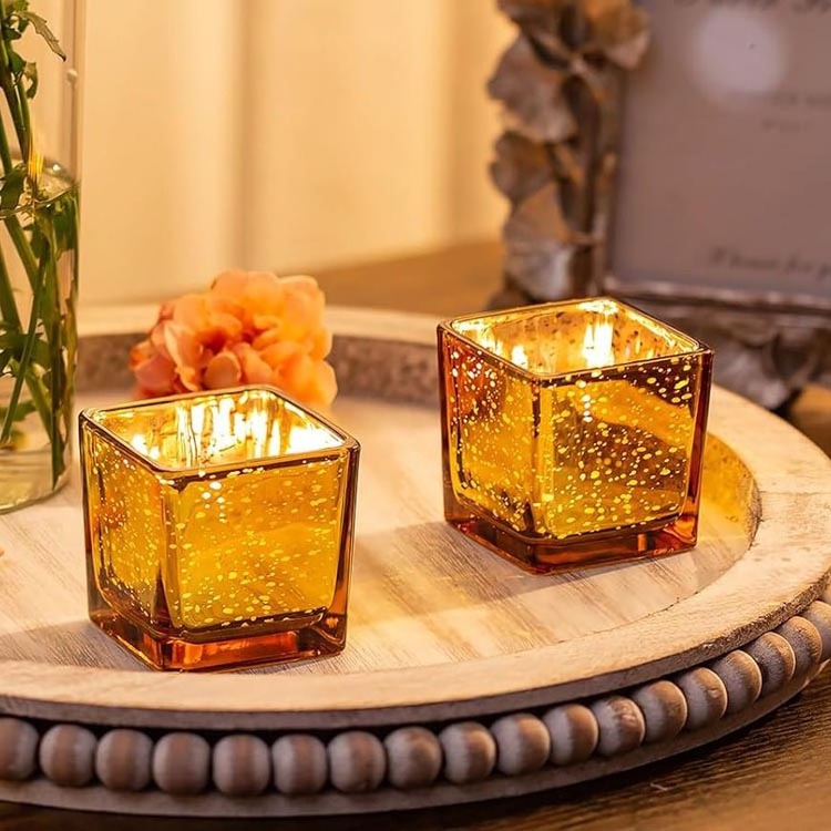 Wholesale Elegant Mirror Golden Glass Candle Vase Speckled Mercury Candle Holders Square Glass Vase for Wedding Centerpiece