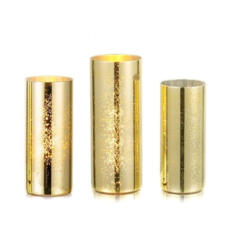 Wholesale Elegant Gold Cylinder Glass Candle Vase Decorative Shiny Mirror Tall Glass Vase for Flowers Wedding Centerpiece