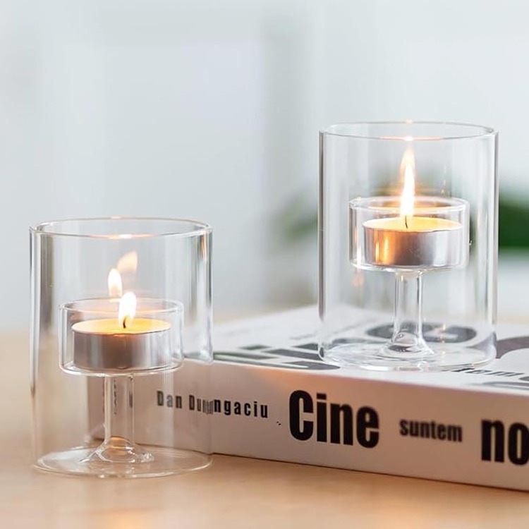 Hot Sale Double Wall Tube Heat Resistant Borosilicate Glass Candle Holders with Inner Tealight Holder for Wedding Decoration