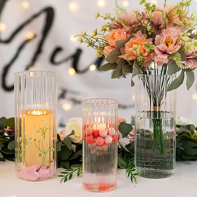 Hand Blown Clear Ribbed Borosilicate Glass Cylinder Flower Floating Candle Vase for Wedding Event Table Decoration