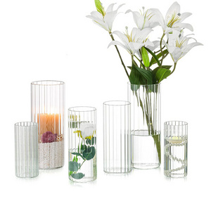 Hand Blown Clear Ribbed Borosilicate Glass Cylinder Flower Floating Candle Vase for Wedding Event Table Decoration