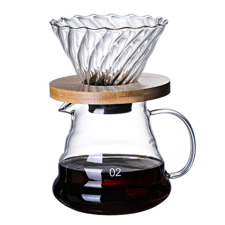 Hand made heat resistant hot coffee french drip style server kettle glass coffee pot with filter and wooden holder