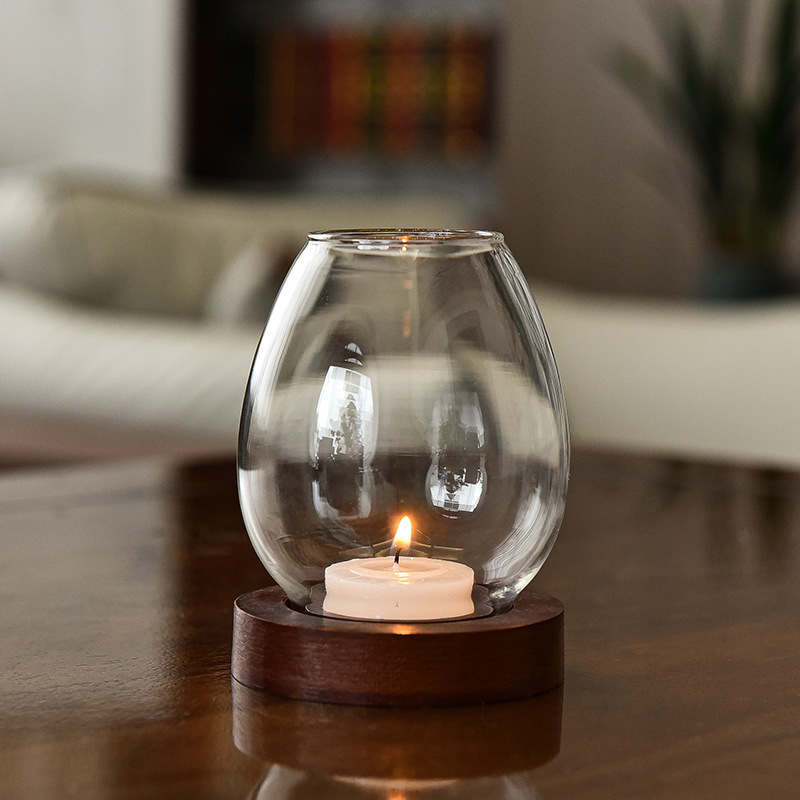 Bulk handmade glass votive tealight candle holder with wooden base for wedding home decoration