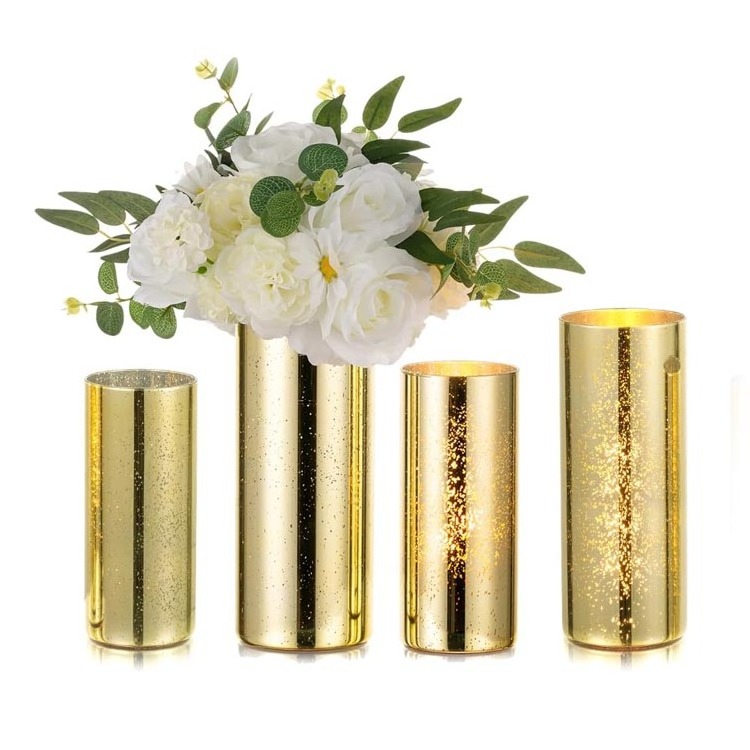 New Product Stylish Mirror Gold Cylinder Glass Vase Tall Table Centerpiece Glass Vase for Flowers Arrangements