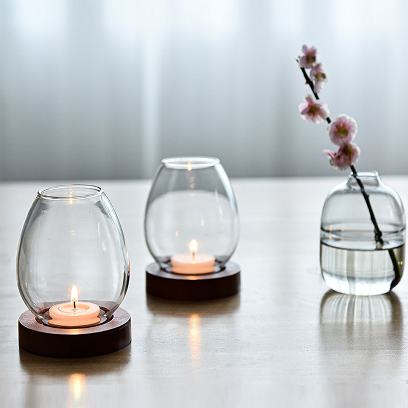 Bulk handmade glass votive tealight candle holder with wooden base for wedding home decoration