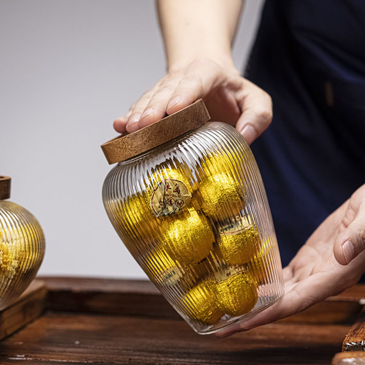 High Borosilicate Glass jar Pumpkin Stripe Candy Snack jars with Bamboo Lid