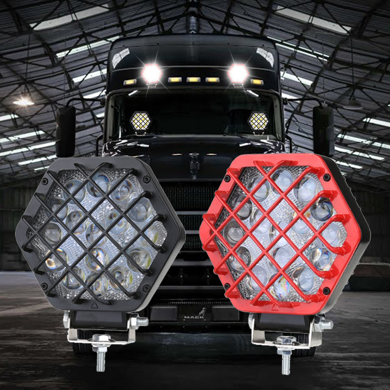 Wholesale Red Black Protecting Cover Bumper Roof Fog Lamp Hexagon 5D Spot Driving Lights trucks Spot Beam 48W LED working light