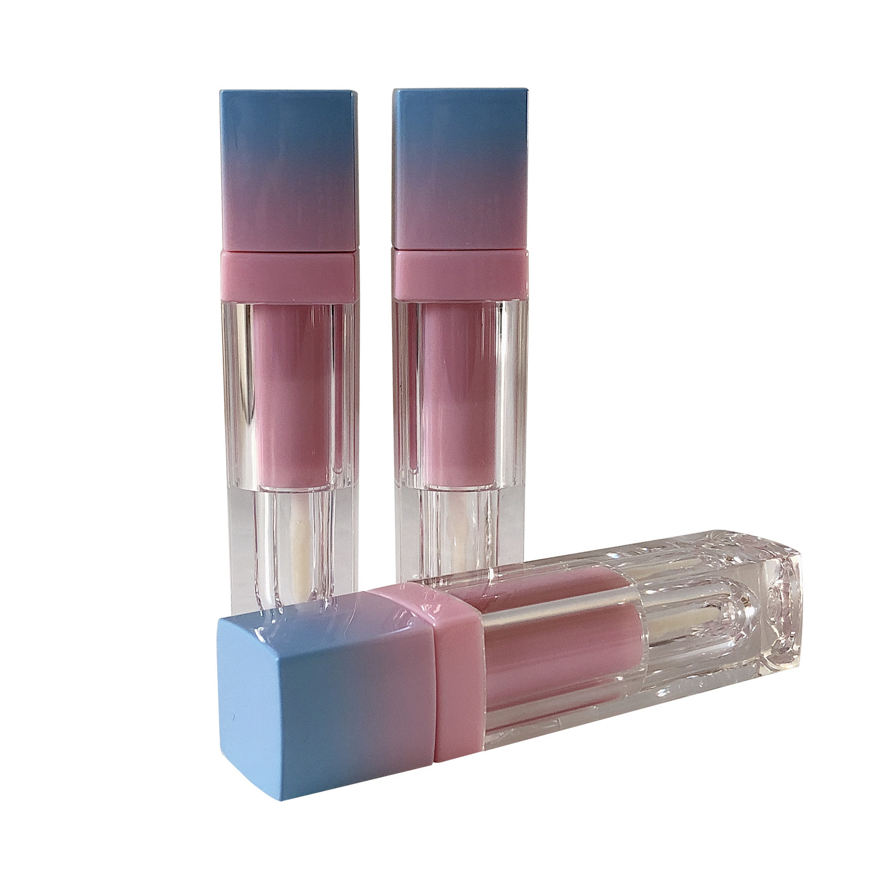 Square Shaped PET Plastic Lip Gloss Container with Gradient Pink Lid ABS Material for Cosmetic Use