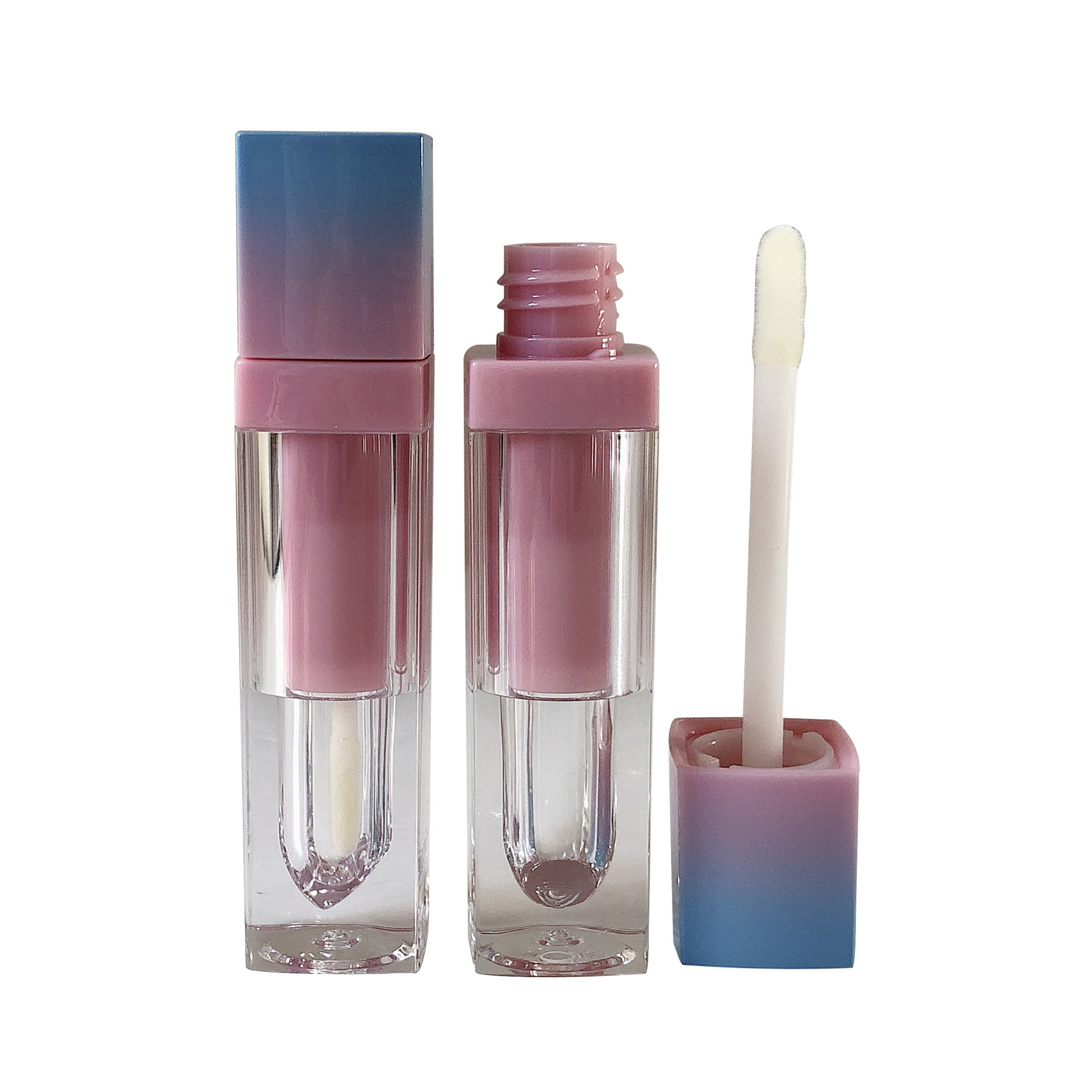 Square Shaped PET Plastic Lip Gloss Container with Gradient Pink Lid ABS Material for Cosmetic Use