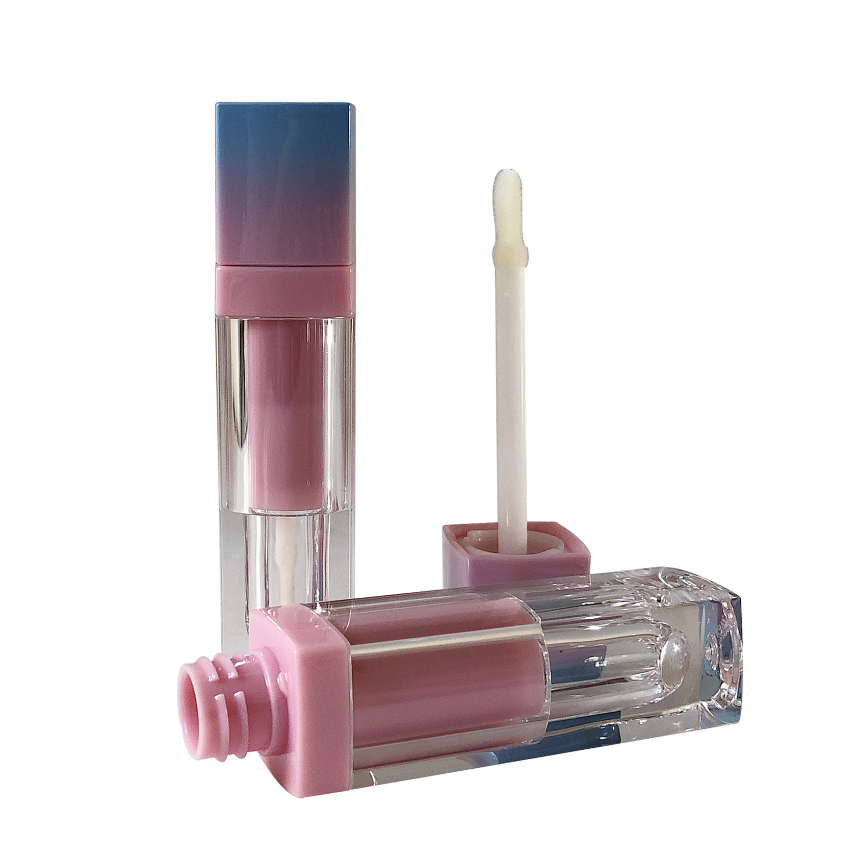 Square Shaped PET Plastic Lip Gloss Container with Gradient Pink Lid ABS Material for Cosmetic Use