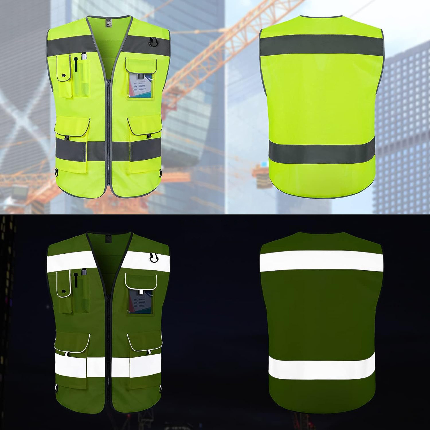 HBC Custom High Visibility Zipper Vests Security Reflective Safety Men Vests with Multi Pocket